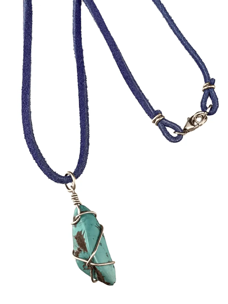 16" Turquoise Wrapped Nugget on Blue Suede Necklace