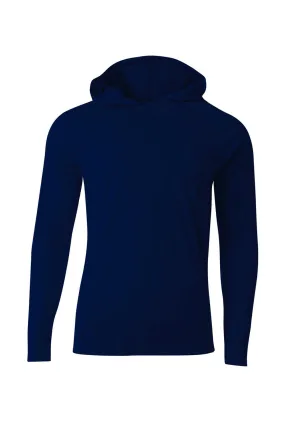 A4 Mens Performance Moisture Wicking Long Sleeve Hooded T-Shirt Hoodie - Navy Blue