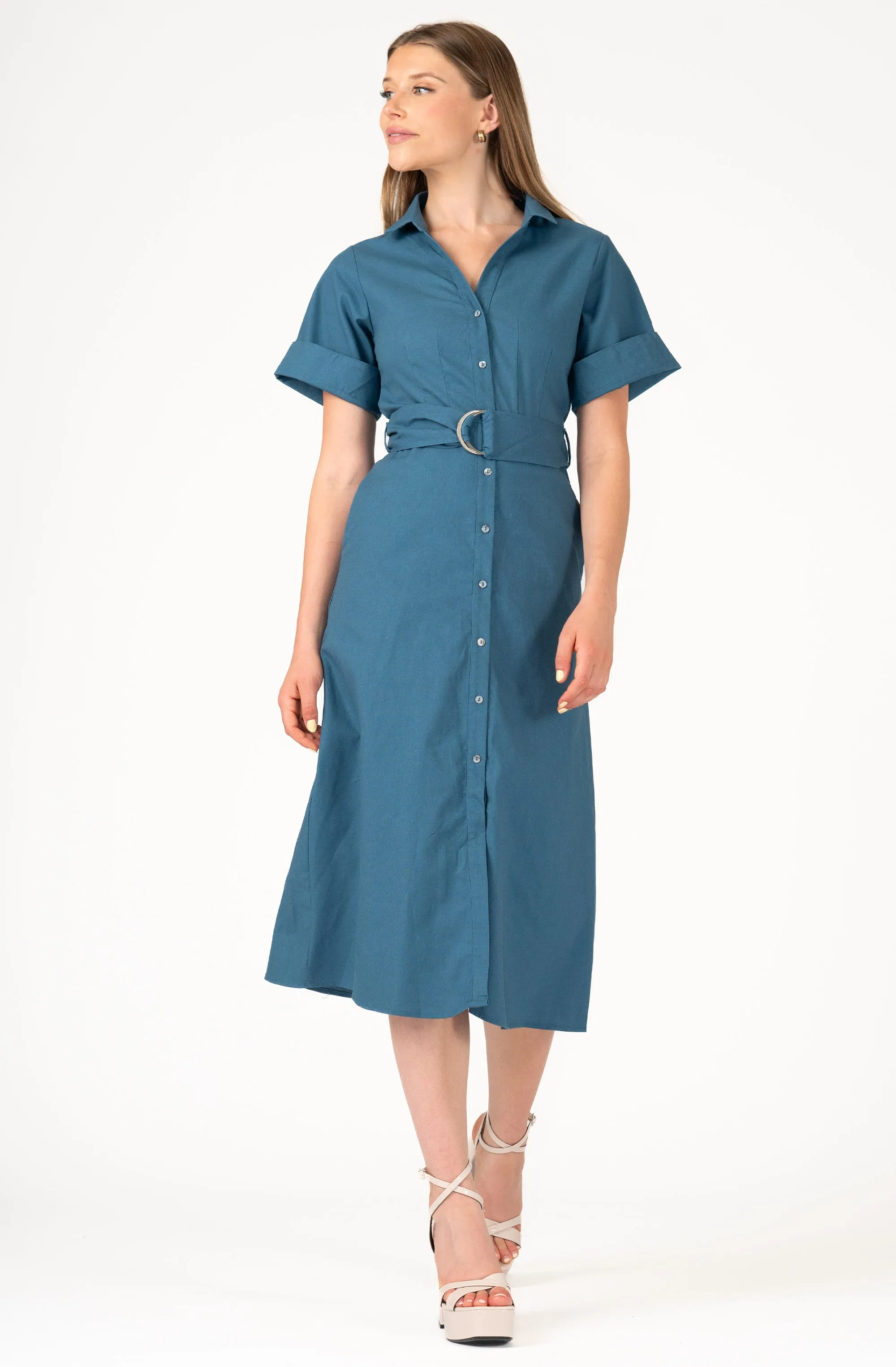 Belted Button up Short Sleeve Dress