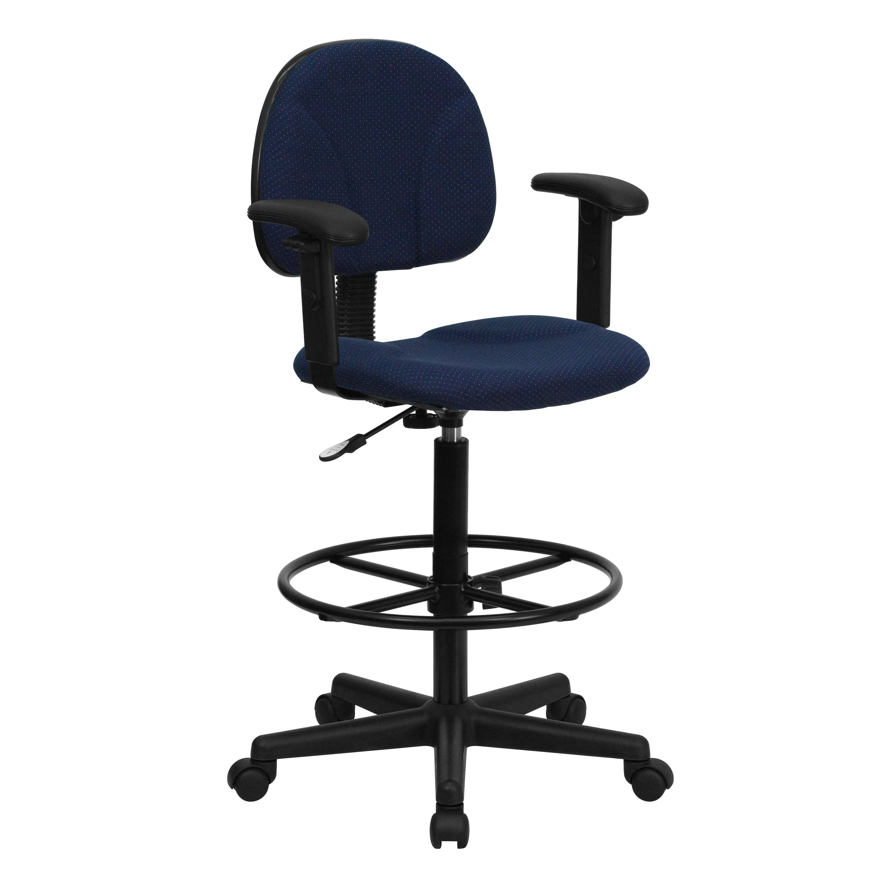 Black Patterned Fabric Drafting Chair with Adjustable Arms - BT-659-BLK-ARMS-GG