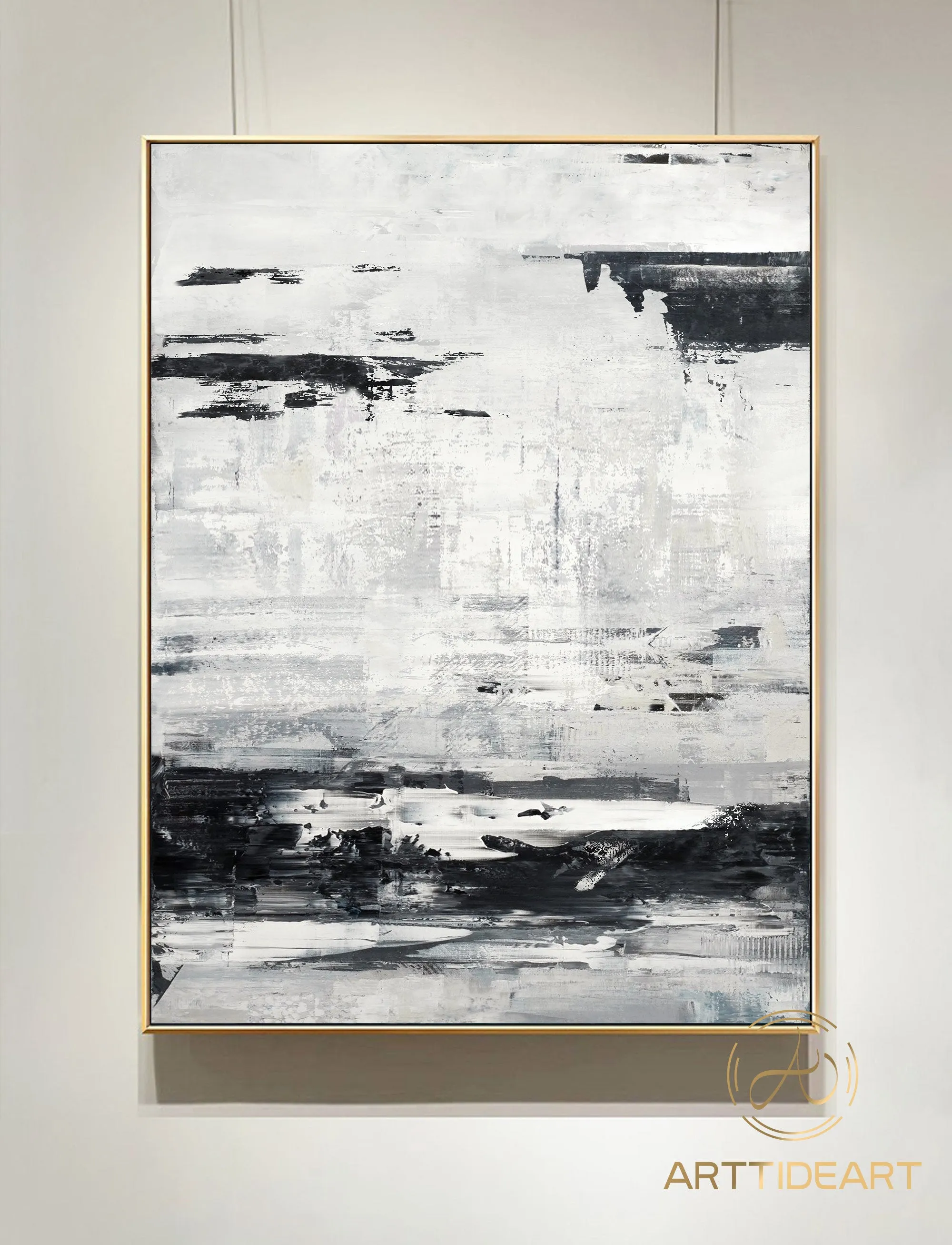 Black White Painting Sea Landscape Painting Grey White Art Ap038