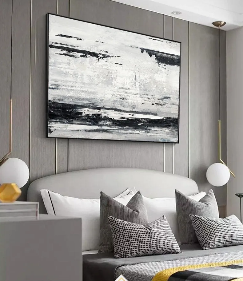 Black White Painting Sea Landscape Painting Grey White Art Ap038