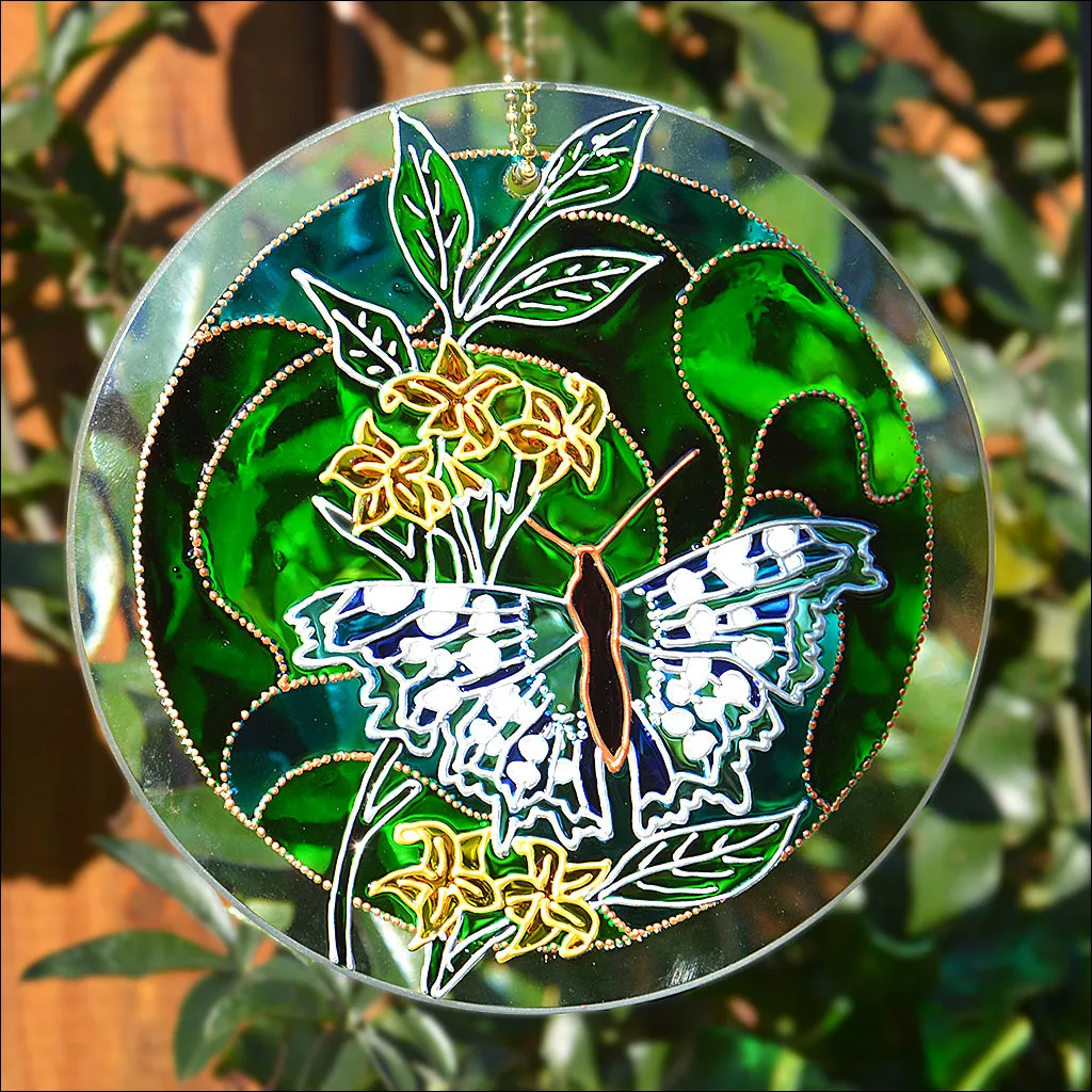 Blue Butterfly on Green Stained Glass Sun Catcher