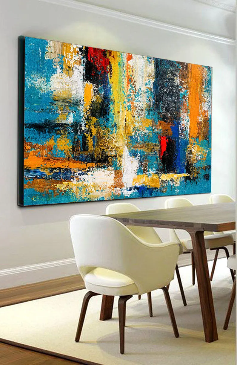 Blue Yellow Palette Knife Canvas Painting Modern Pop Art Canvas Large Gp080