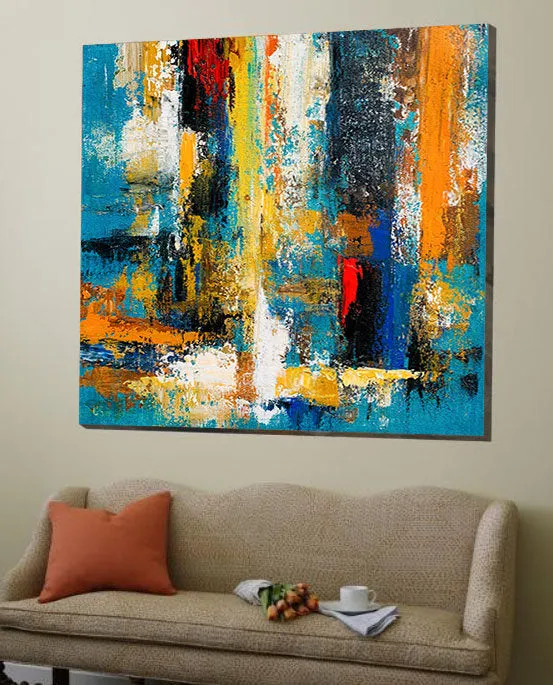 Blue Yellow Palette Knife Canvas Painting Modern Pop Art Canvas Large Gp080