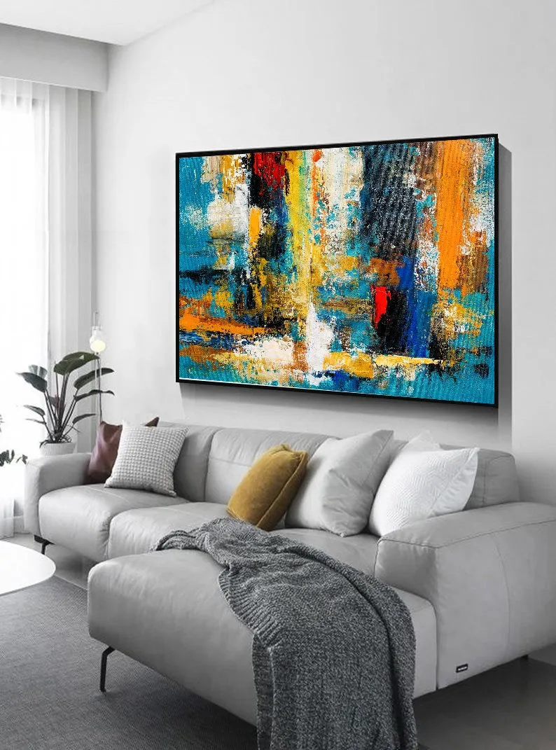 Blue Yellow Palette Knife Canvas Painting Modern Pop Art Canvas Large Gp080