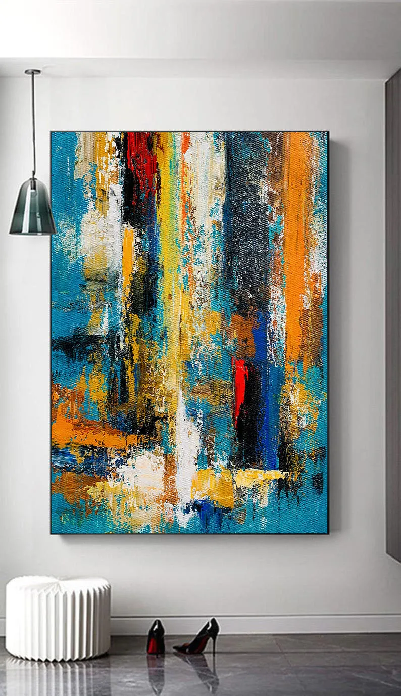 Blue Yellow Palette Knife Canvas Painting Modern Pop Art Canvas Large Gp080