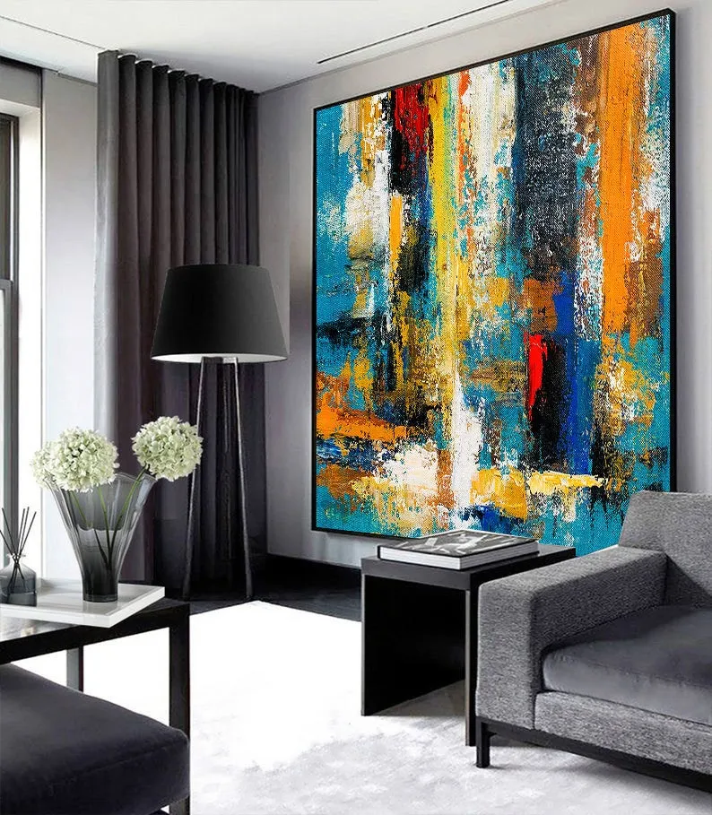 Blue Yellow Palette Knife Canvas Painting Modern Pop Art Canvas Large Gp080