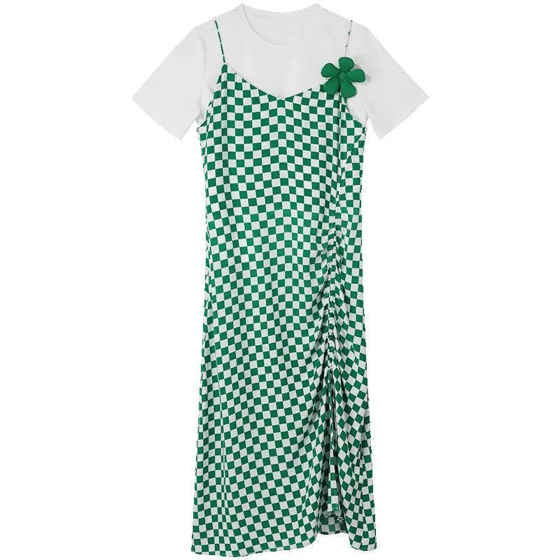 Checkerboard Slip & Shirring Dress Set