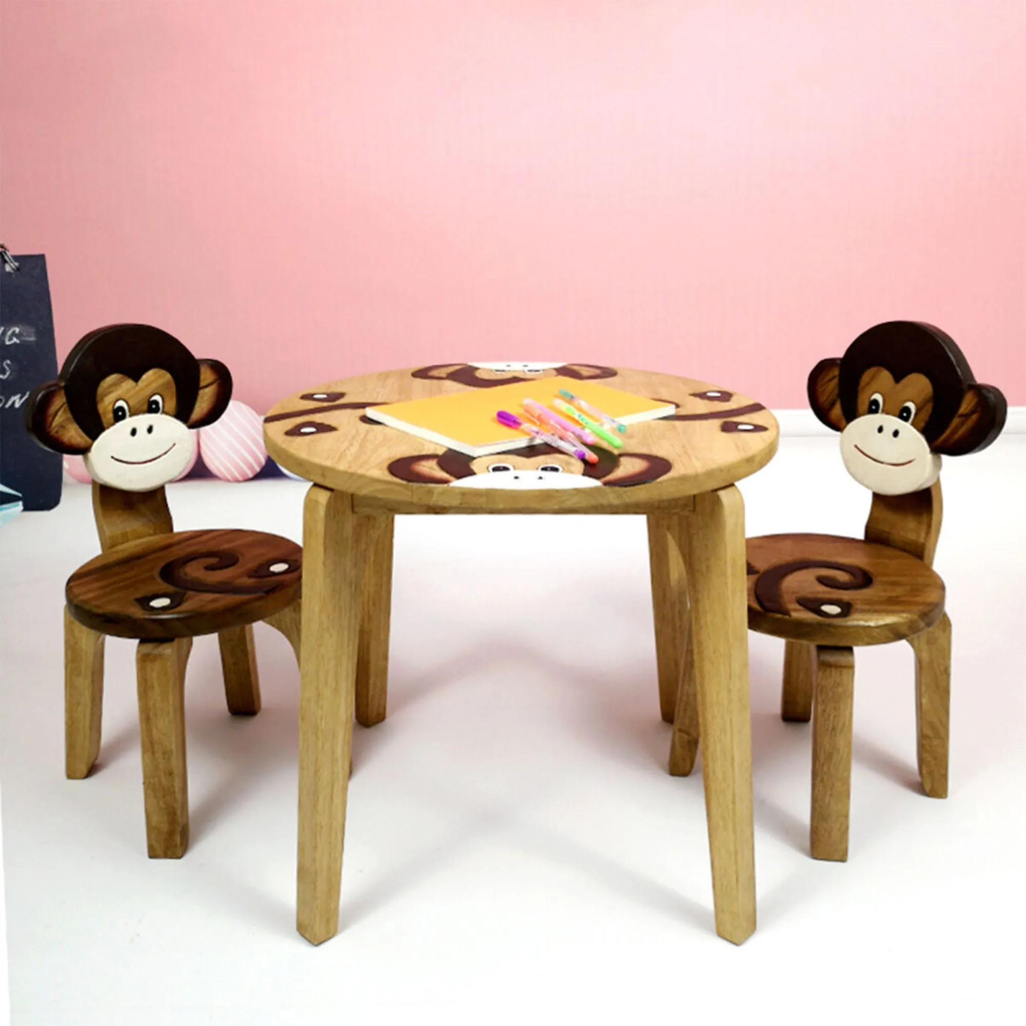 Childrens furniture Wooden Table   2 Chairs Set MONKEY Design Carved Timber Children Furniture