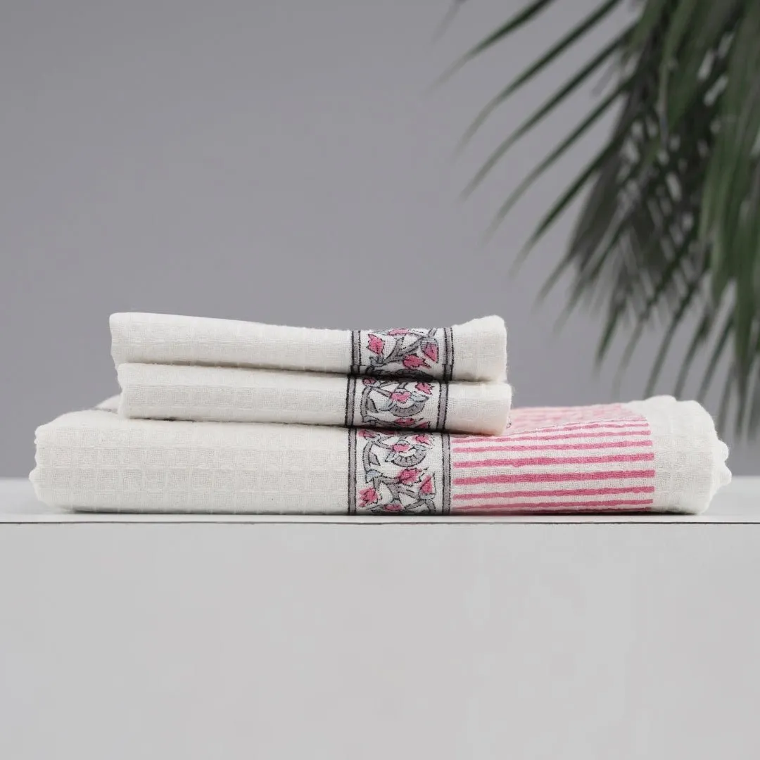 Cotton Hand and Bath Towel Set | Block Printed in Petal Pattern | Super Absorbent, Soft & Faster Drying | 300 GSM | Handmade In India