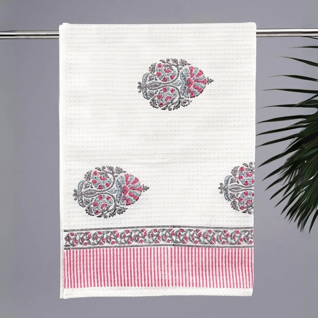 Cotton Hand and Bath Towel Set | Block Printed in Petal Pattern | Super Absorbent, Soft & Faster Drying | 300 GSM | Handmade In India