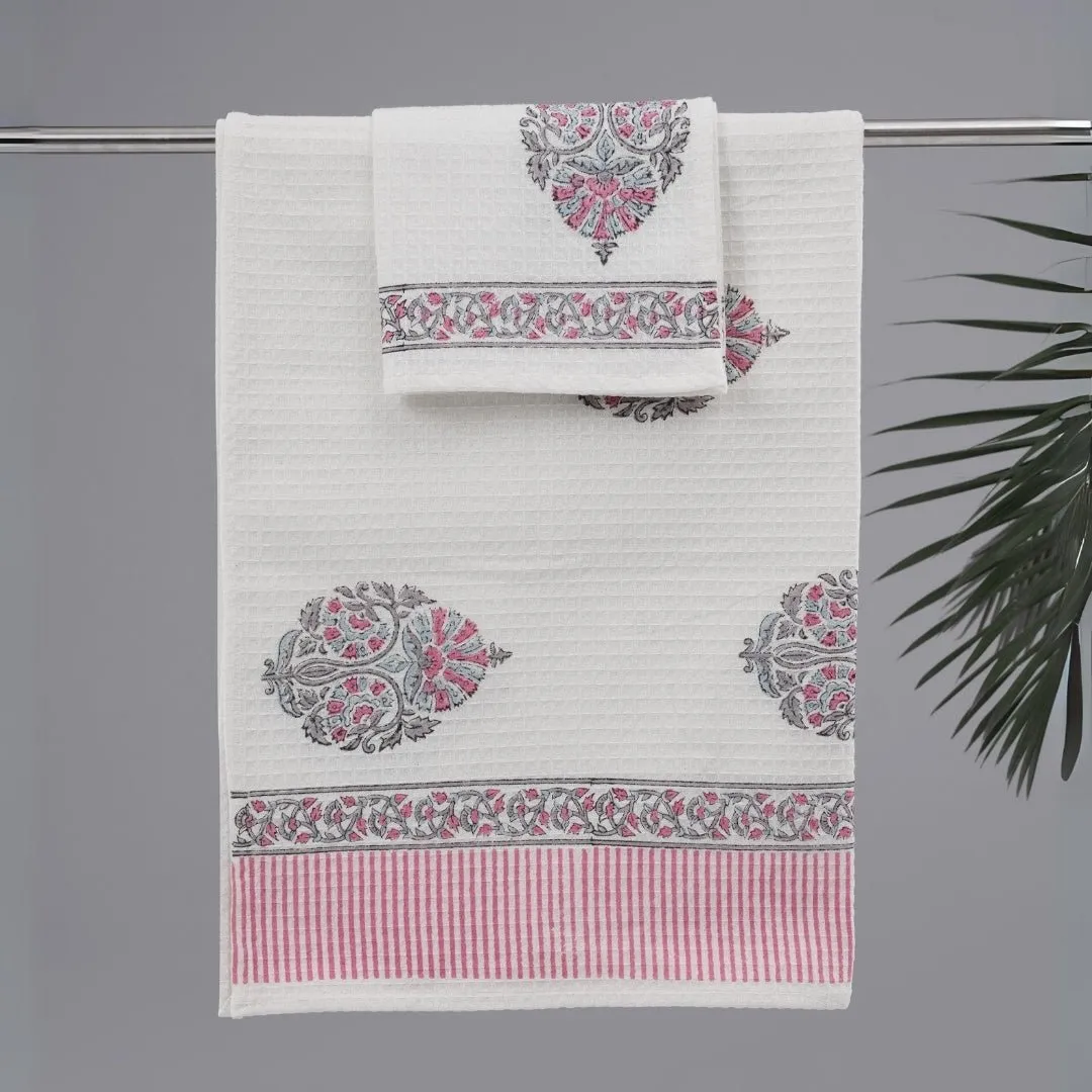 Cotton Hand and Bath Towel Set | Block Printed in Petal Pattern | Super Absorbent, Soft & Faster Drying | 300 GSM | Handmade In India