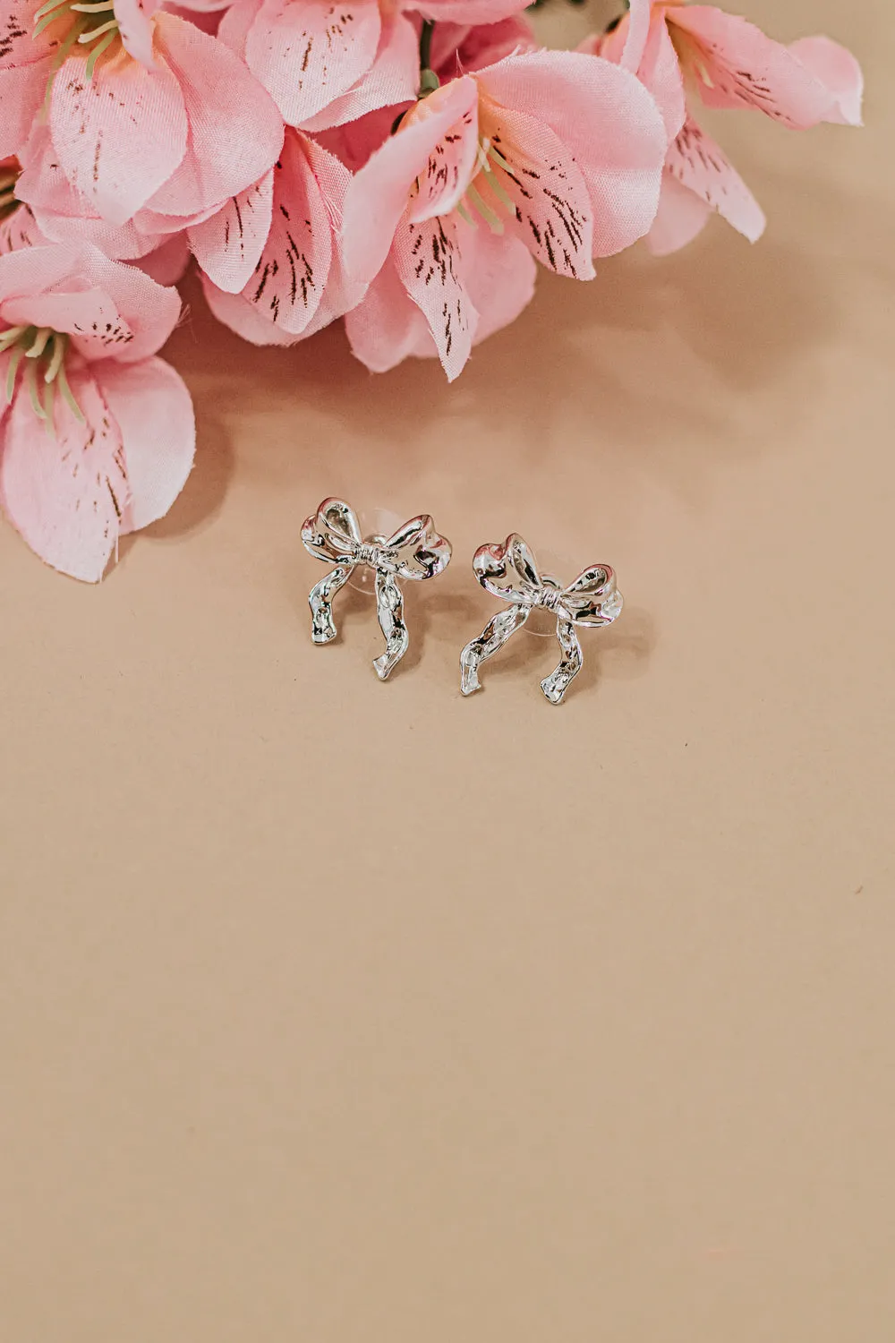 Crumbled Metal Bow Stud Earrings, Silver