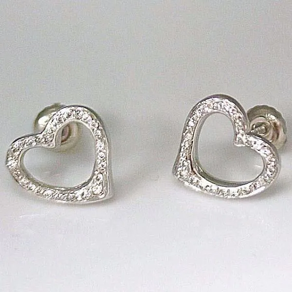 Diamond Heart Stud Earrings 14k White Gold Screw Back