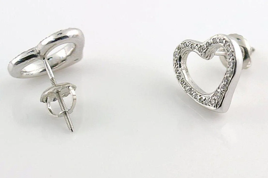 Diamond Heart Stud Earrings 14k White Gold Screw Back