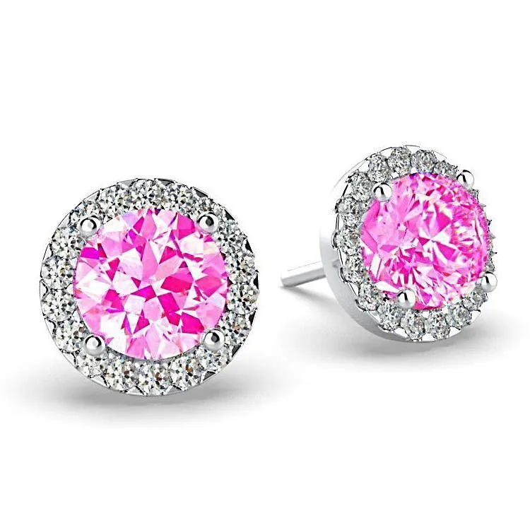 Diamond Pink Tourmaline Halo Stud Earrings 18K White Gold