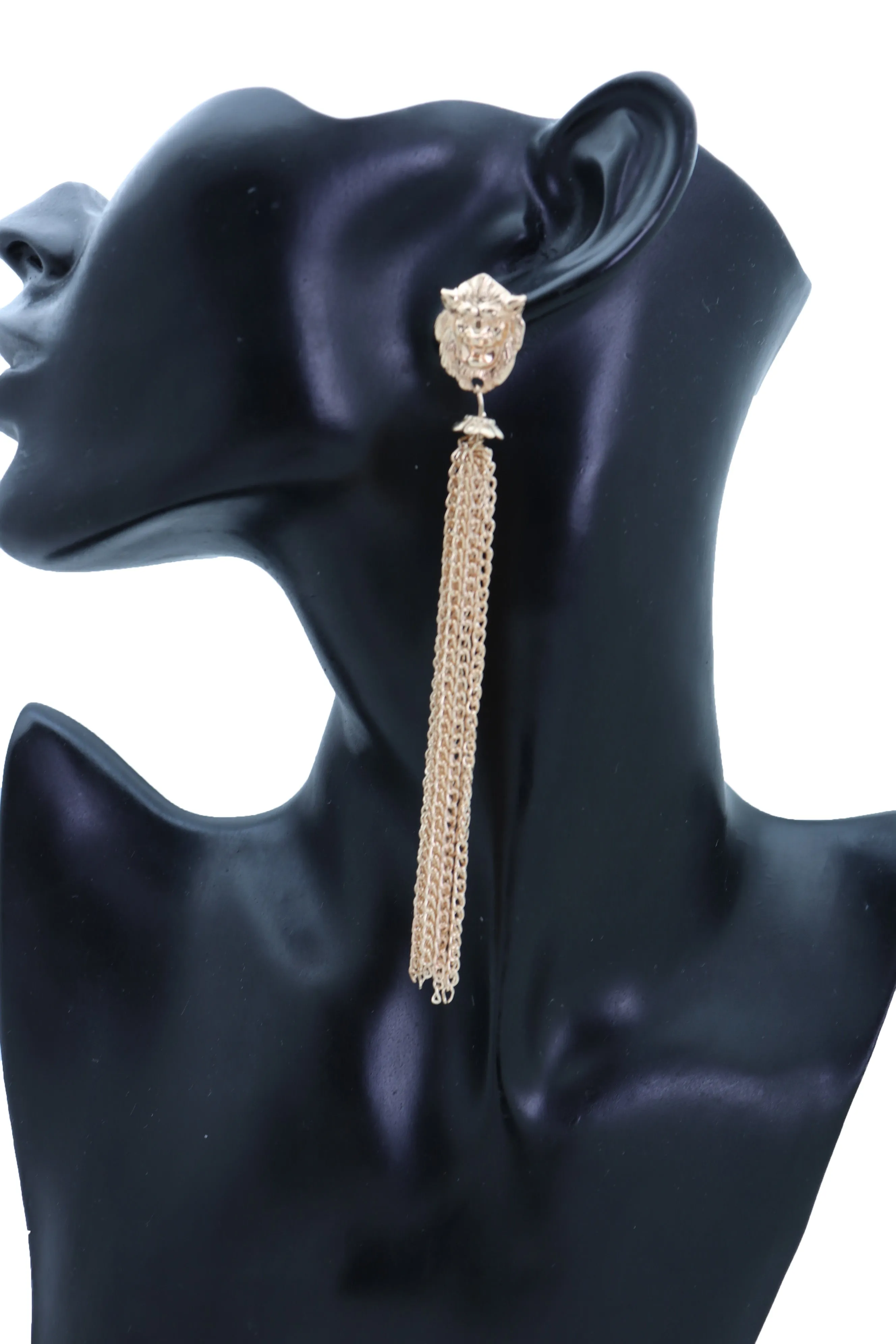 Earrings Set Gold Metal Chain Long Tassel Lion Charm Sexy Fringes