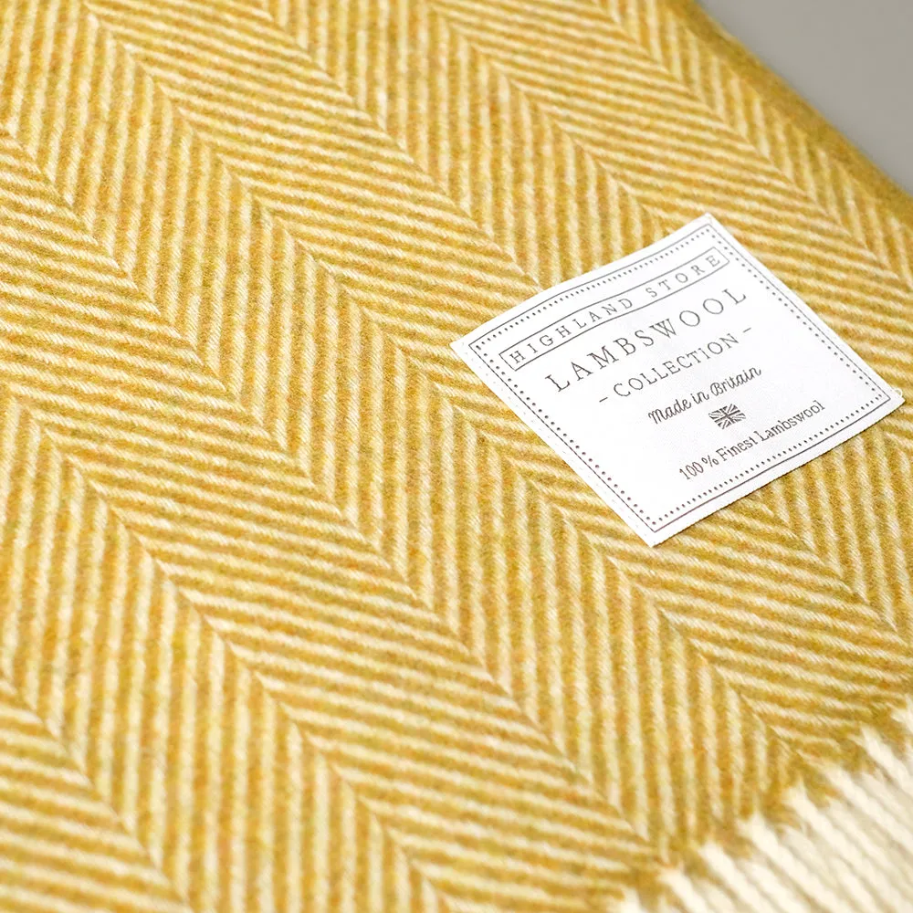 Fine Merino lambswool herringbone blanket in Mustard