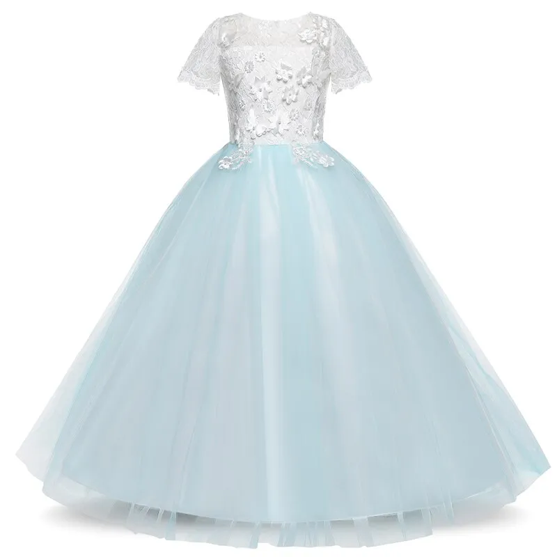 Flower Girl Wedding Banquet Lace Long Dress For Kids Elegant Puffy Lace Bow Birthday Party Dress Pageant Ball Gown Formal Dress