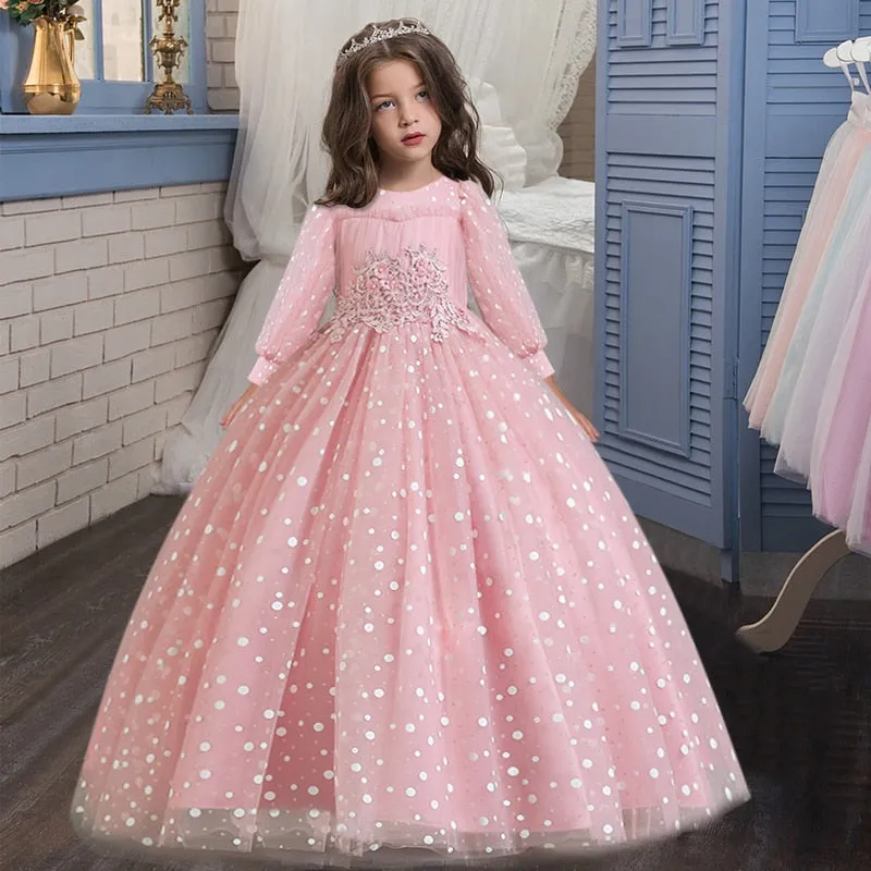 Flower Girl's Birthday Banquet Lace Stitching Dress Elegant Girls'School Party Dinner Dresses for Graduation Ceremony Ball