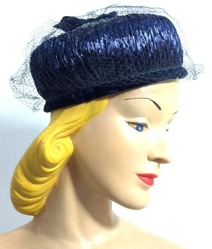 Glossy Raffia Wrapped Blue Veil Topped Hat circa 1960s