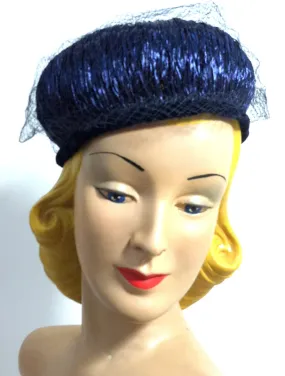 Glossy Raffia Wrapped Blue Veil Topped Hat circa 1960s