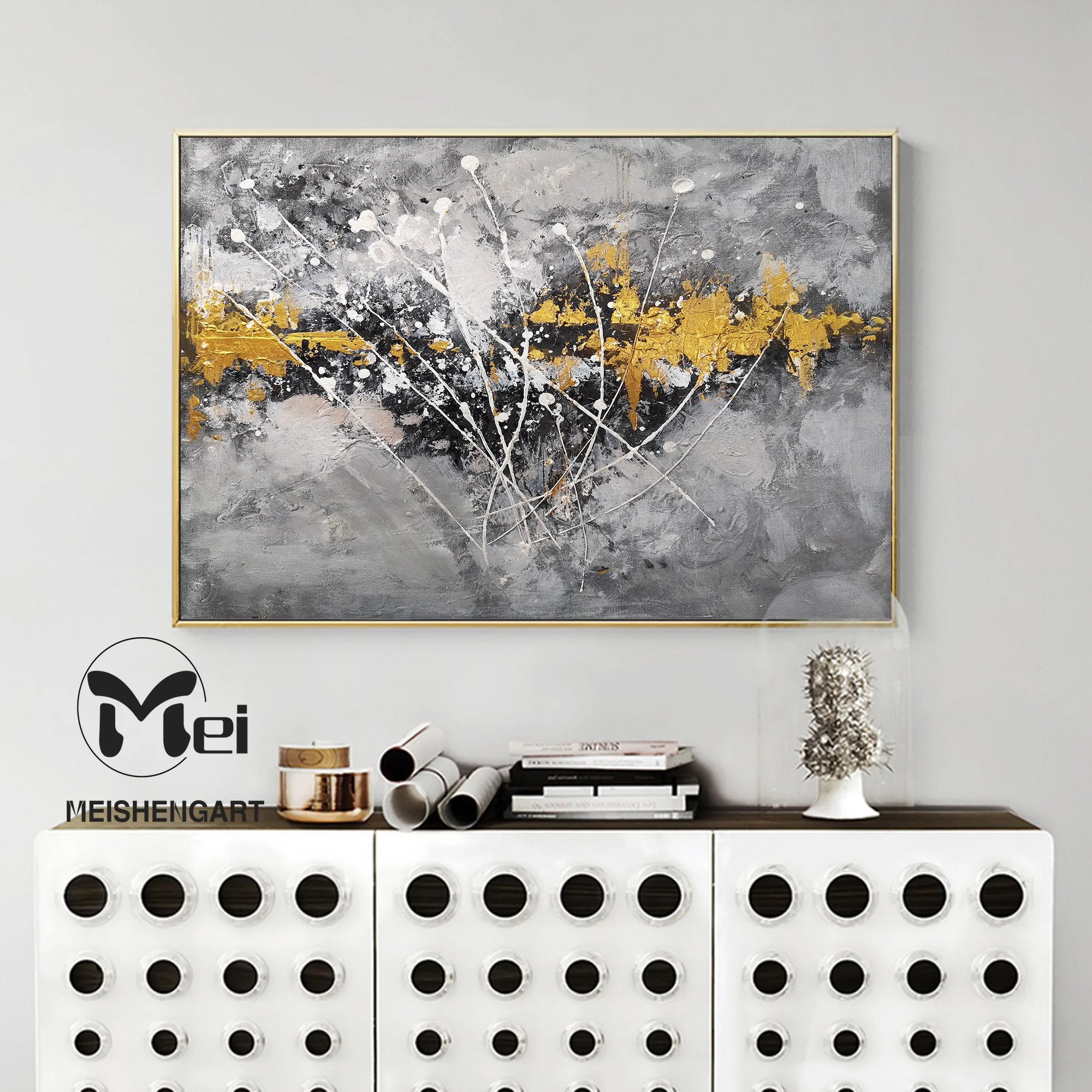 Gray Canvas Painting Black Gold Painting Contemporary Abstract Art Kp005