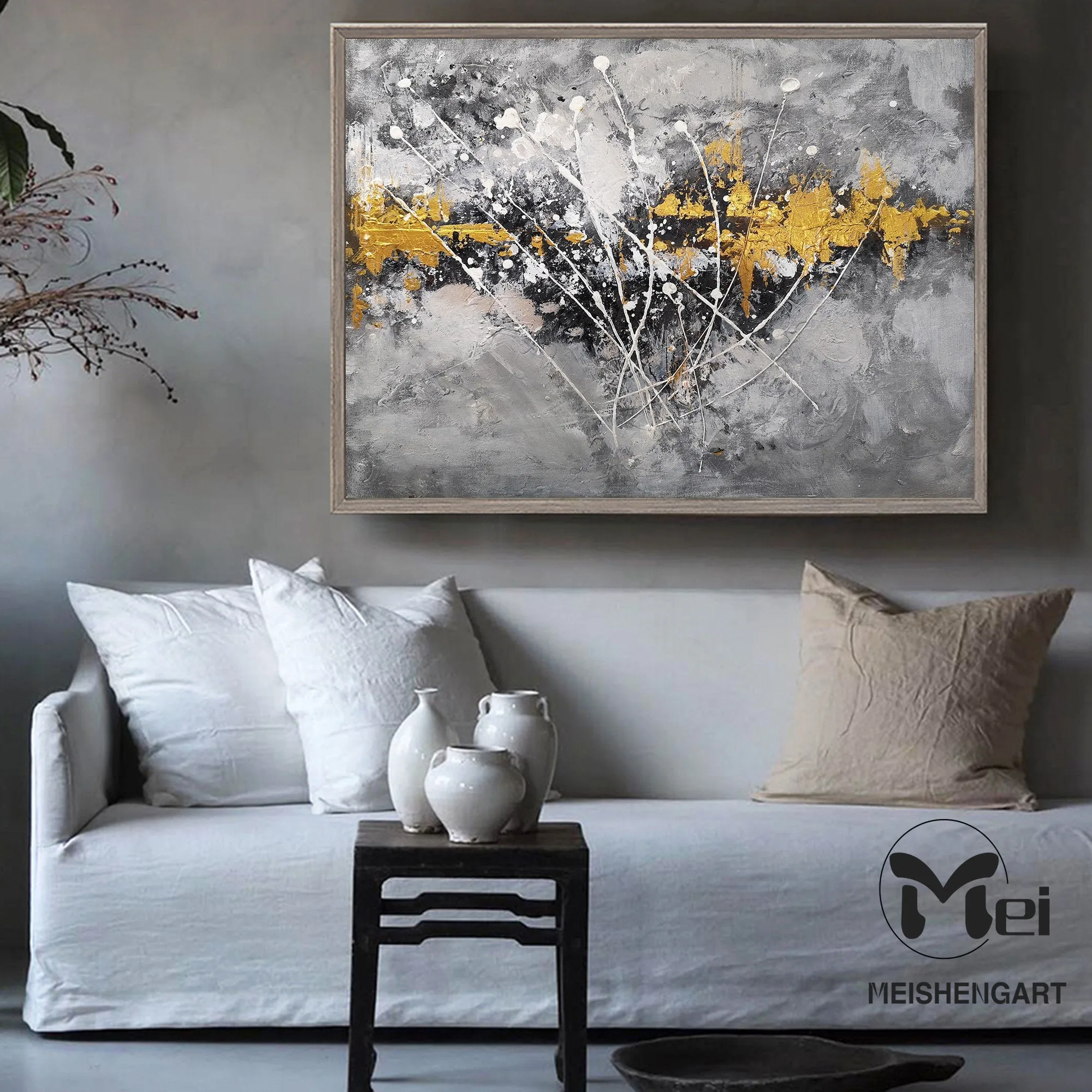 Gray Canvas Painting Black Gold Painting Contemporary Abstract Art Kp005