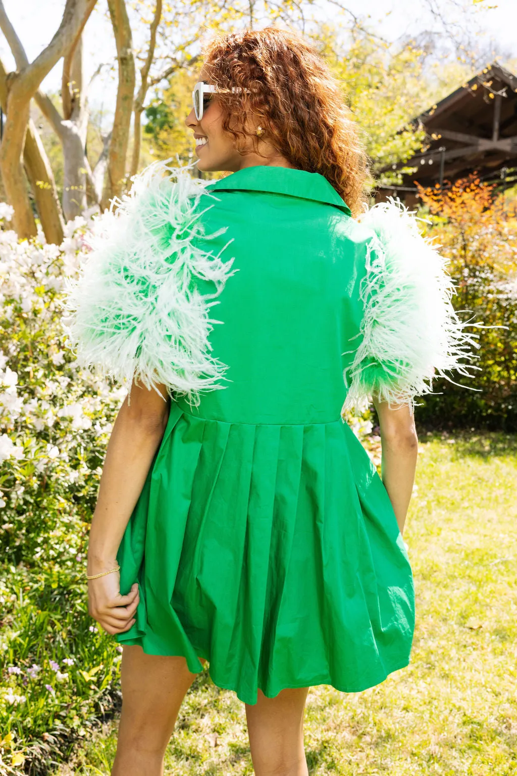 Green & White Feather Sleeve Dress