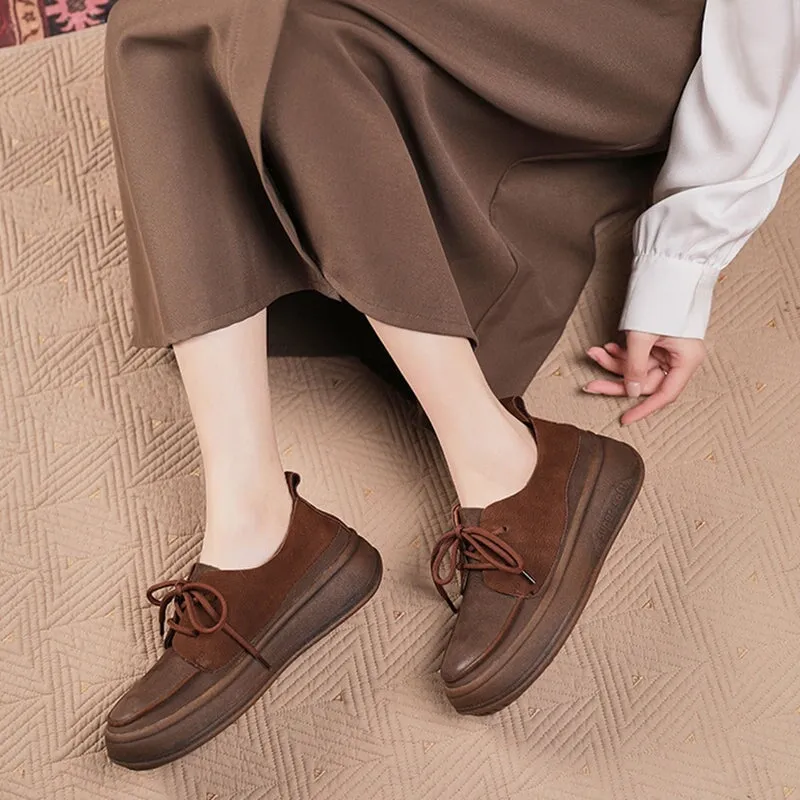 Handmade Leather Derby Shoes For Women Soft Bottom in Apricot/Coffee