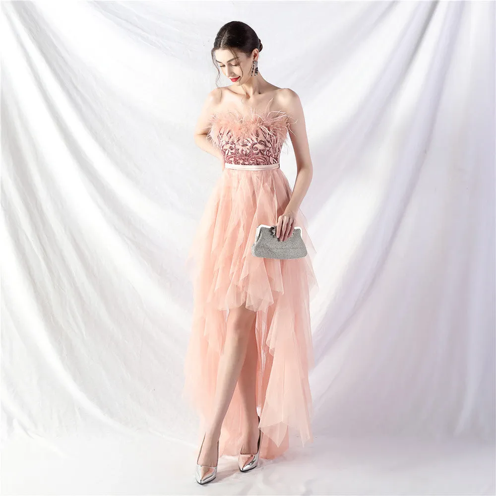 Handmade ostrich hair positioning flower beads mesh wedding banquet party dress