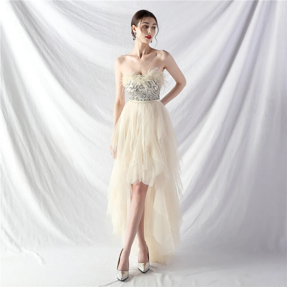 Handmade ostrich hair positioning flower beads mesh wedding banquet party dress