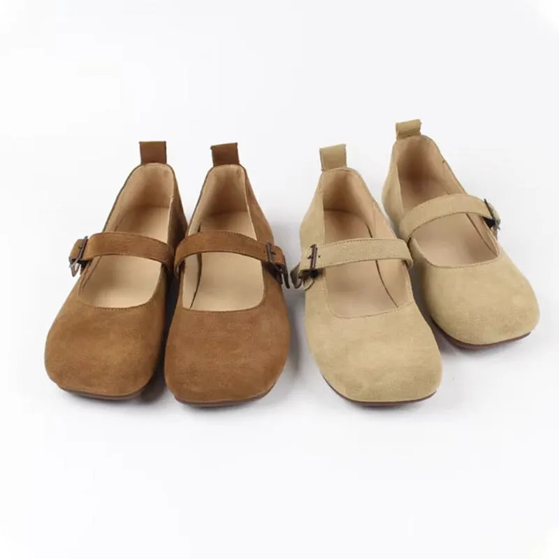 Handmade Suede Leather Mary Jane Breathable in Apricot/Brown