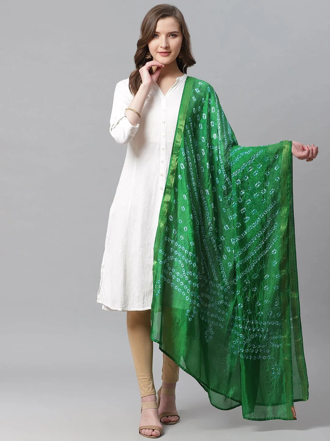 Juniper Green Bandhani Tie-Dye Shantoon Dupatta For Women