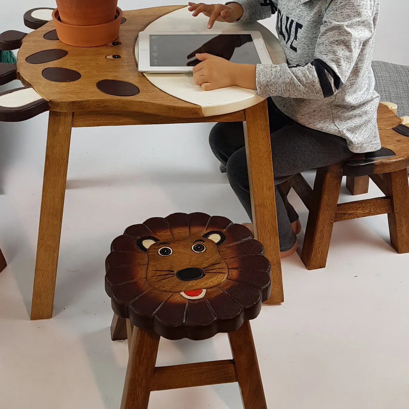 Kids Chair Wooden Stool Animal Lion Theme Children’s Chair and Toddlers Stepping Stool.