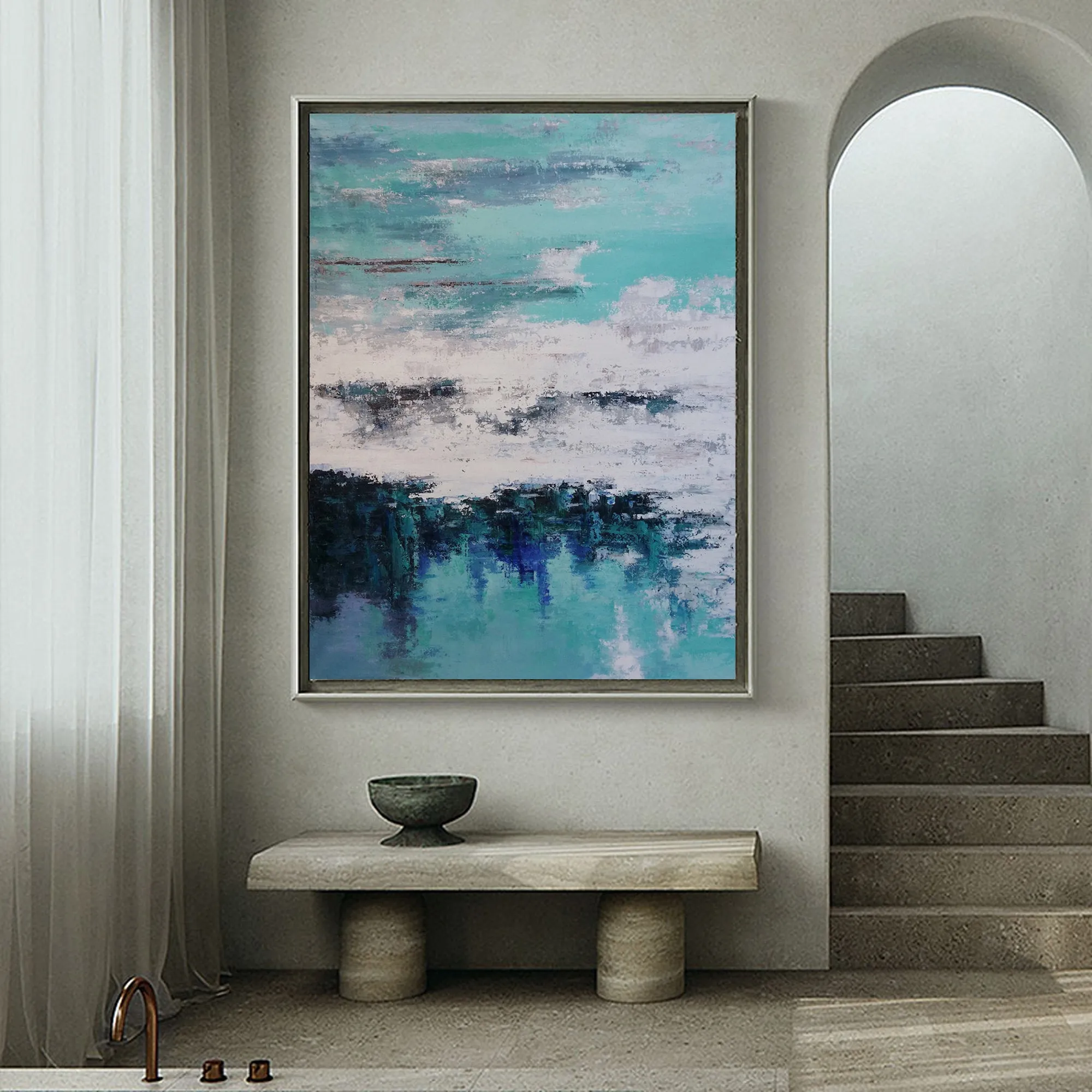 Large Ocean Painting Green Blue Abstract Art Op041