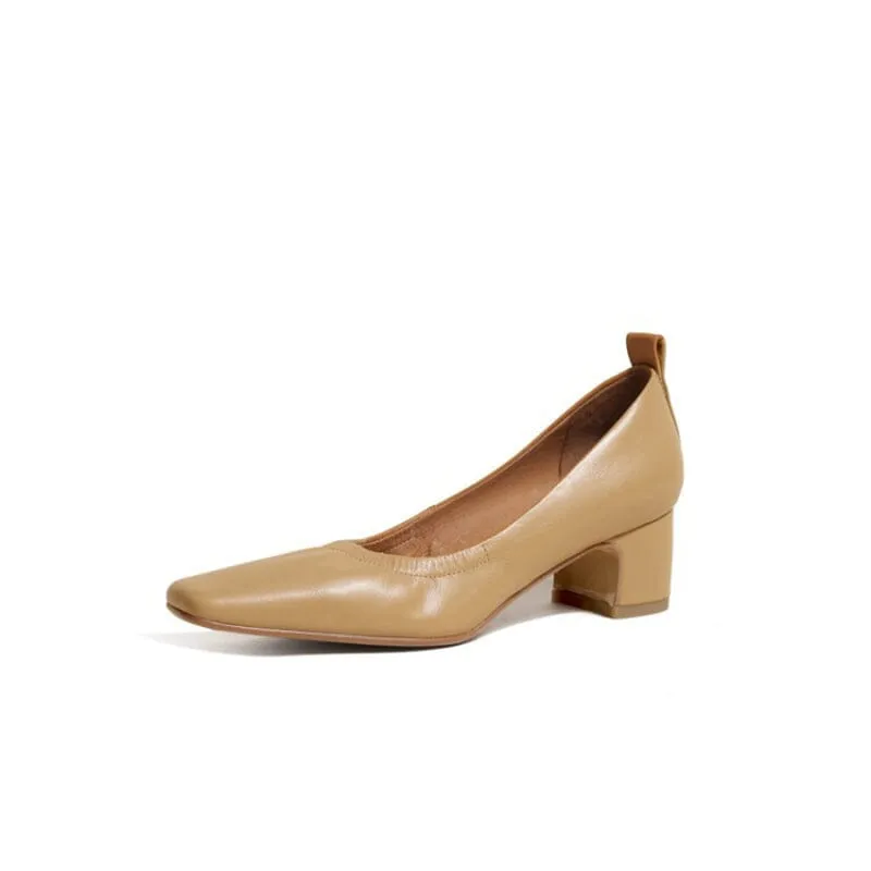 Leather Square Toe Block Heeled Slip-On Pumps Office Shoes in Beige/Black/Apricot