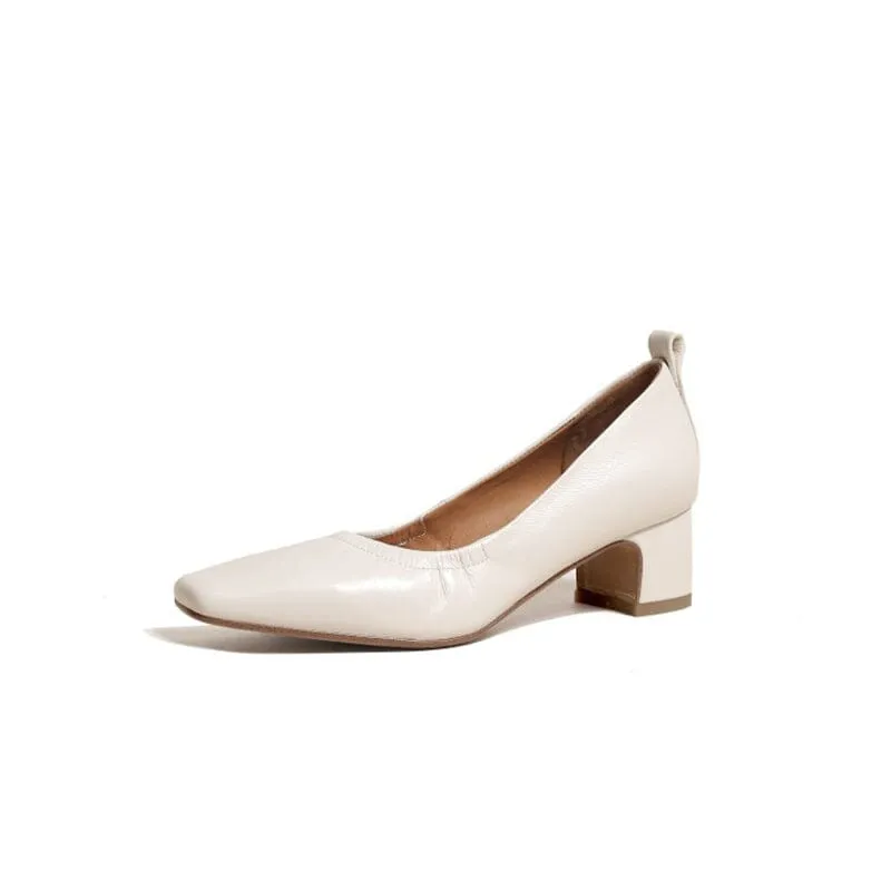 Leather Square Toe Block Heeled Slip-On Pumps Office Shoes in Beige/Black/Apricot