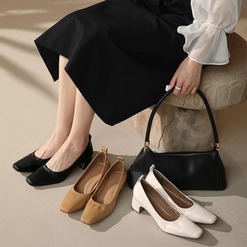 Leather Square Toe Block Heeled Slip-On Pumps Office Shoes in Beige/Black/Apricot