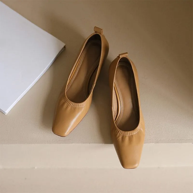 Leather Square Toe Block Heeled Slip-On Pumps Office Shoes in Beige/Black/Apricot