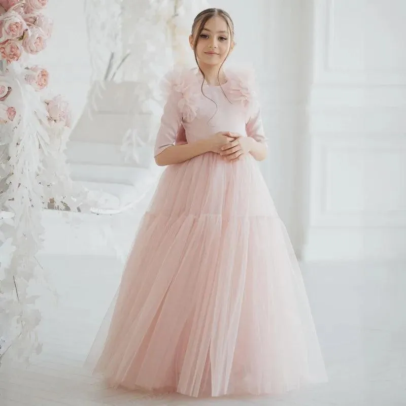 Light Pink  Flower Girl Dresses Tulle With Bow Half Sleeve For Wedding Birthday Party Banquet Princess Gowns