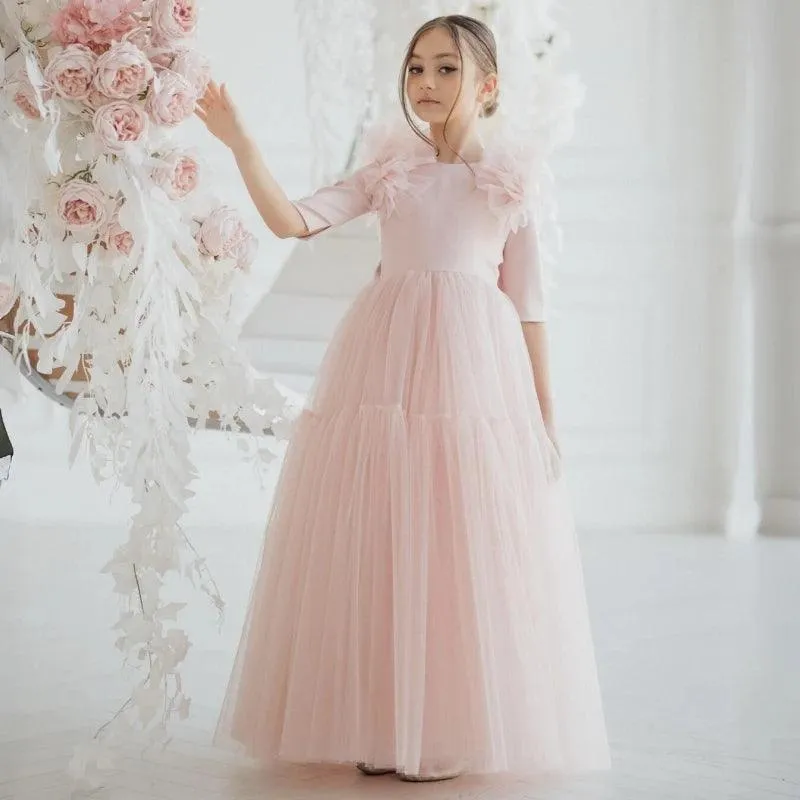 Light Pink  Flower Girl Dresses Tulle With Bow Half Sleeve For Wedding Birthday Party Banquet Princess Gowns