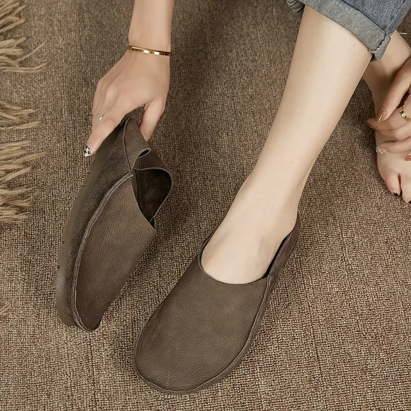 Loafers For Women Comfort Leather Handmade Soft Bottom Flats in Apricot/Gray