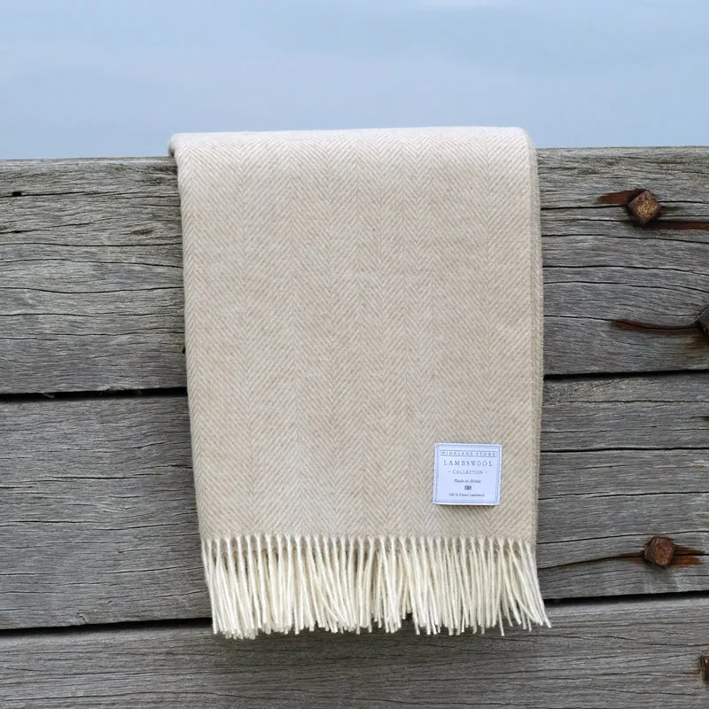 Merino Wool Herringbone Blanket in Beige