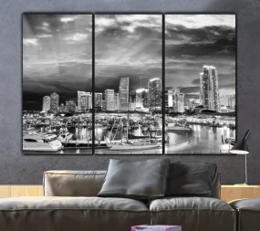 Miami Skyline Black & White Canvas Wall Art