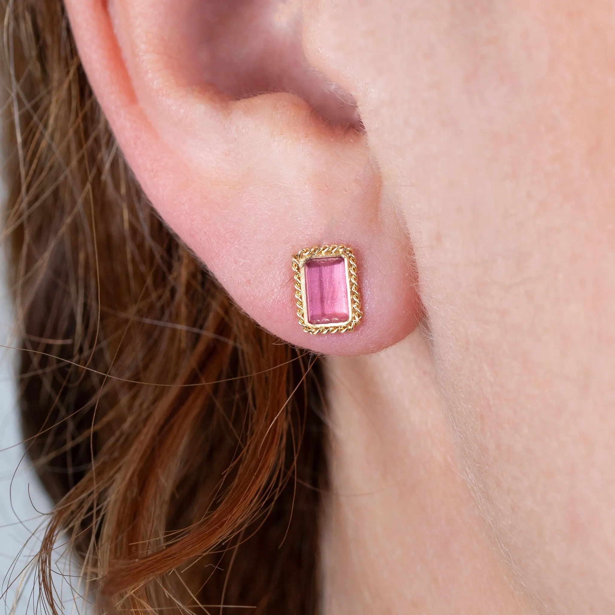 Pink Rectangle Tourmaline Stud Earrings