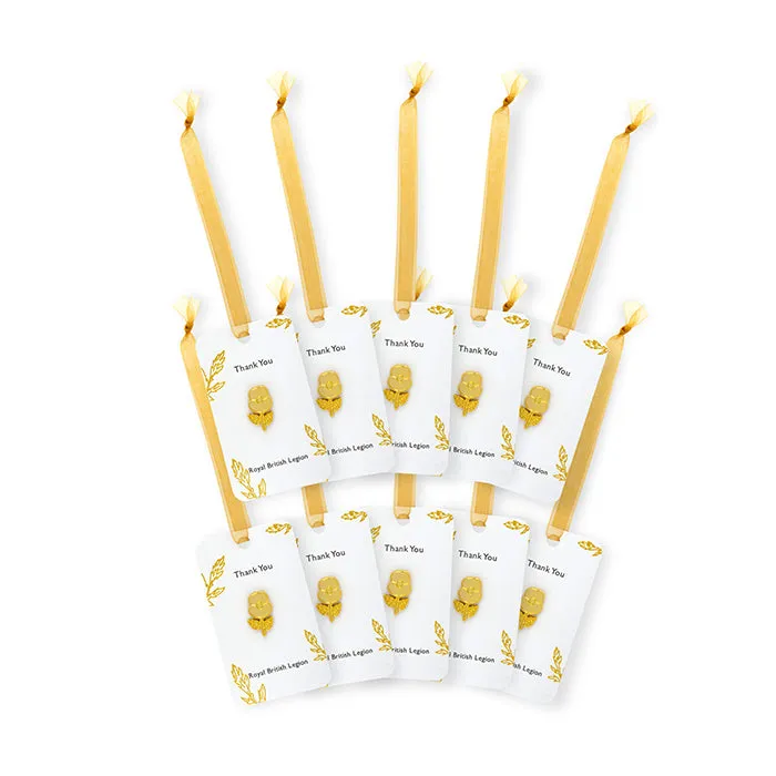 Poppy with Stem Gold Pin Badge Favours - Pack of 10