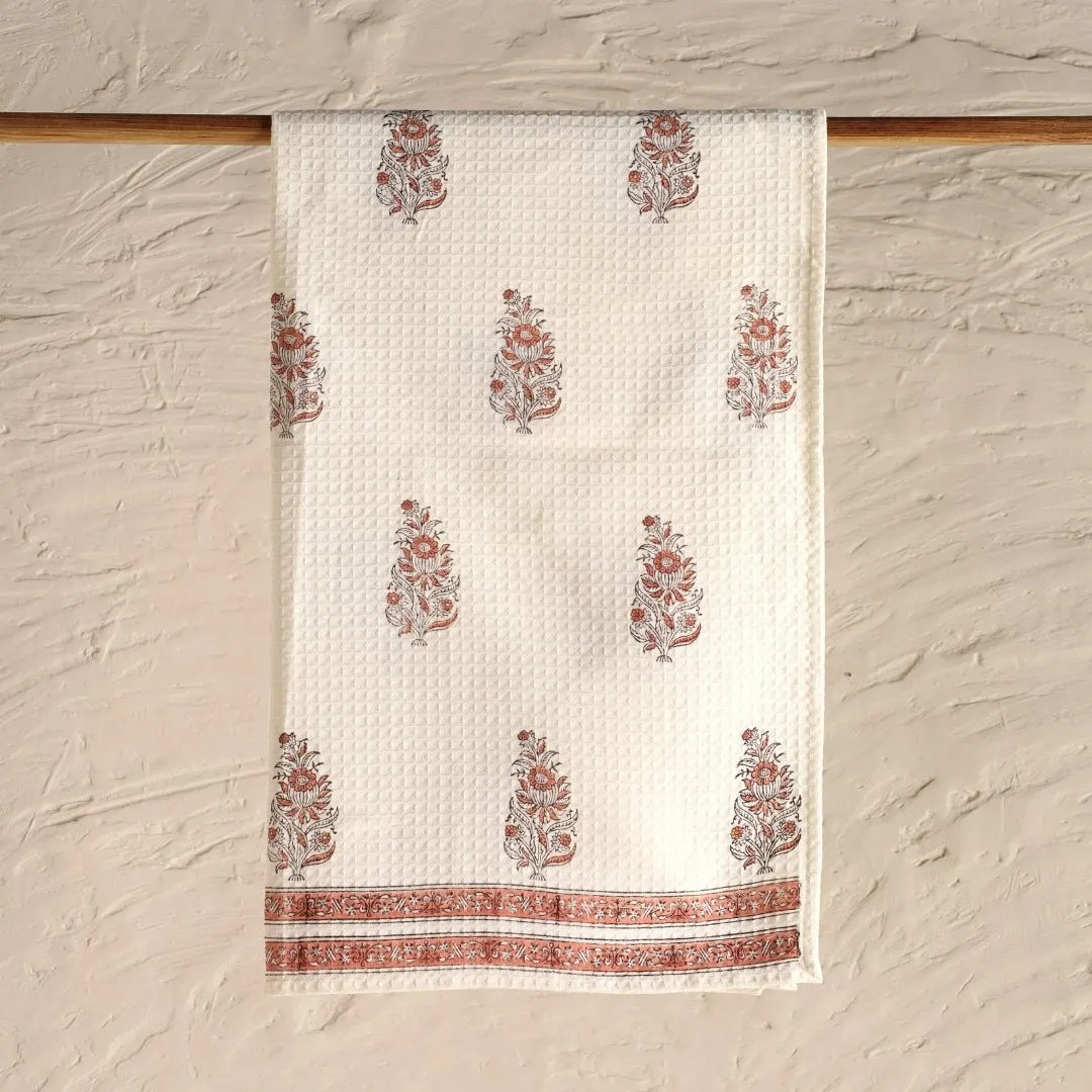 Pure Cotton Hand and Bath Towel Set | Hand Block Printed In Off-White And Peach | Handmade In India