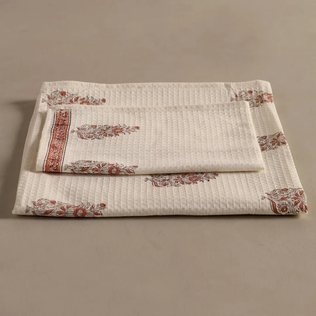 Pure Cotton Hand and Bath Towel Set | Hand Block Printed In Off-White And Peach | Handmade In India